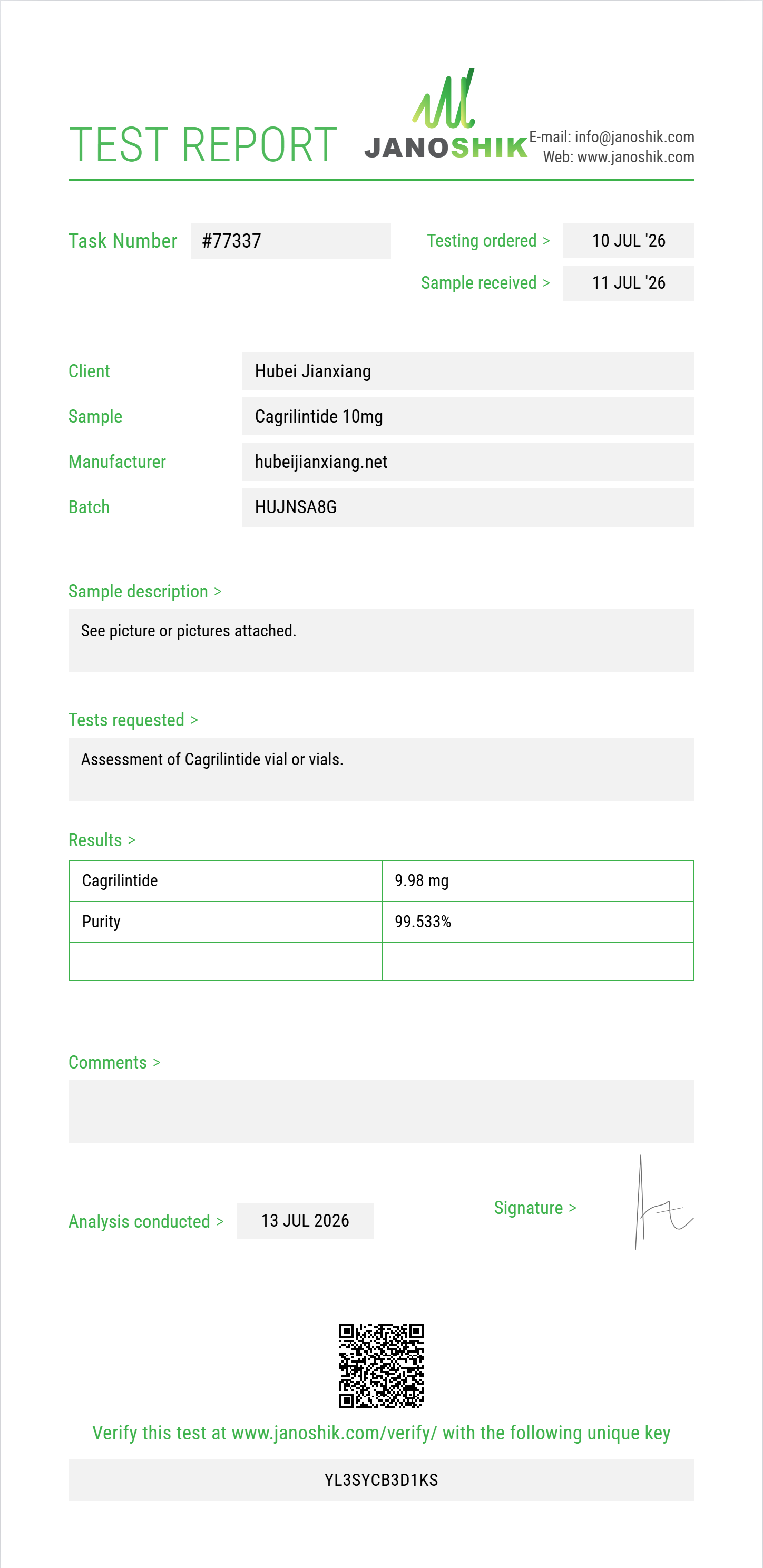 Cagrilintide Purity (HPLC) report by Janoshik Analytical
