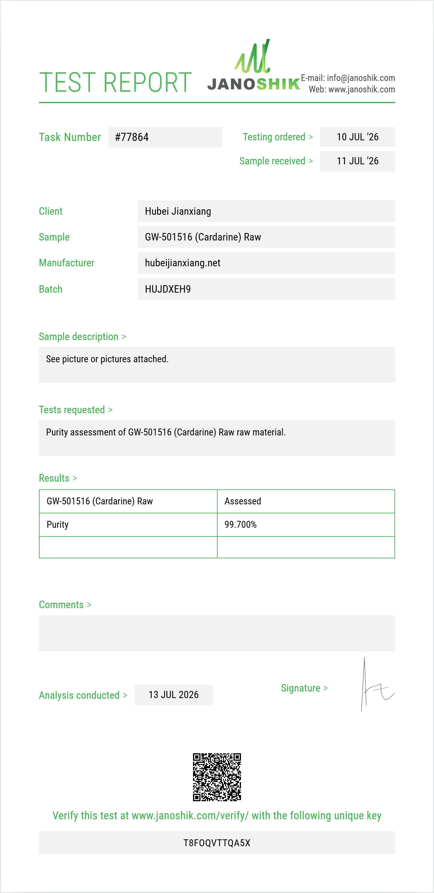 GW-501516 (Cardarine) Raw Purity (HPLC) report by Janoshik Analytical