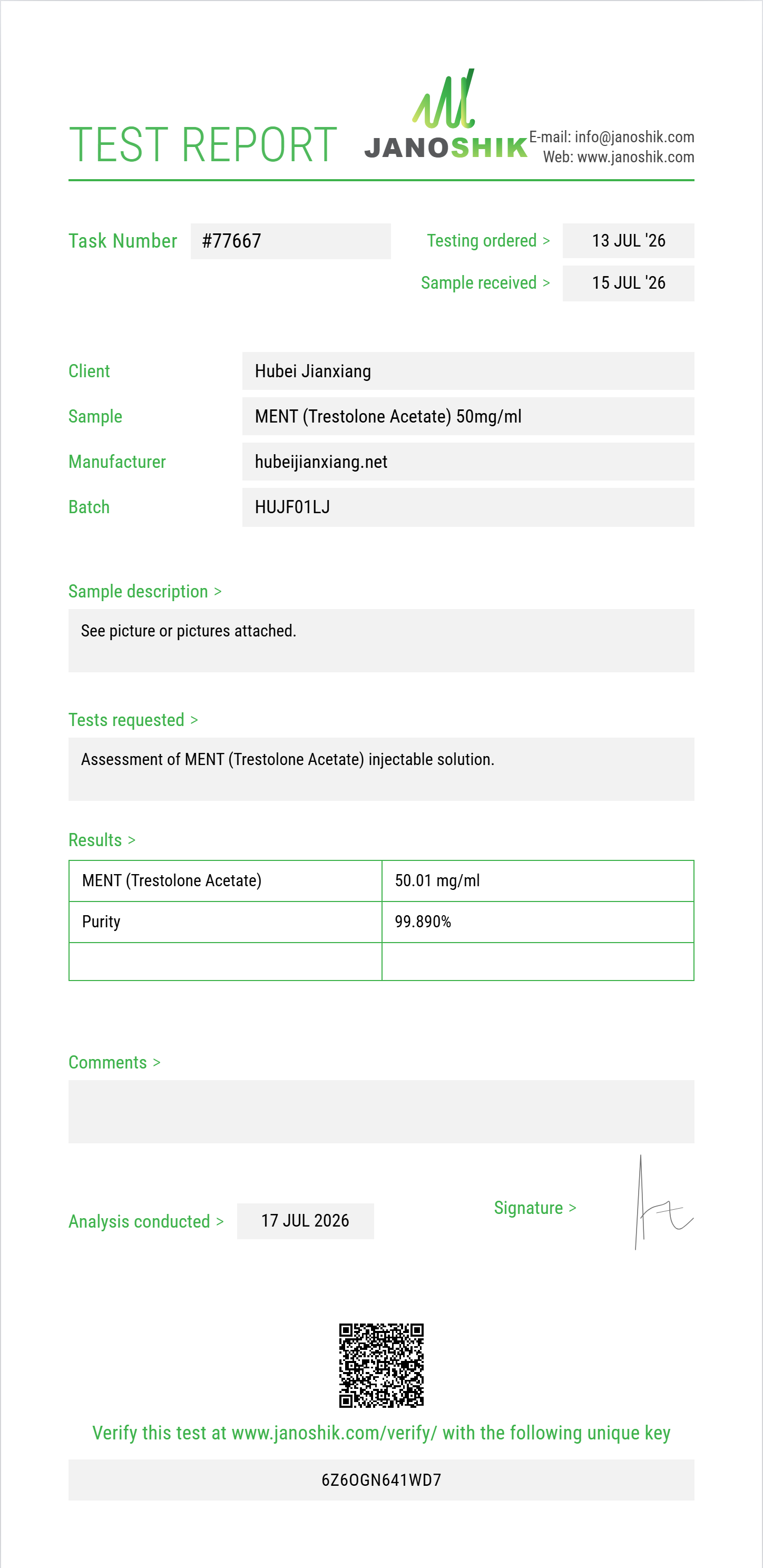MENT (Trestolone Acetate) Purity (HPLC) report by Janoshik Analytical