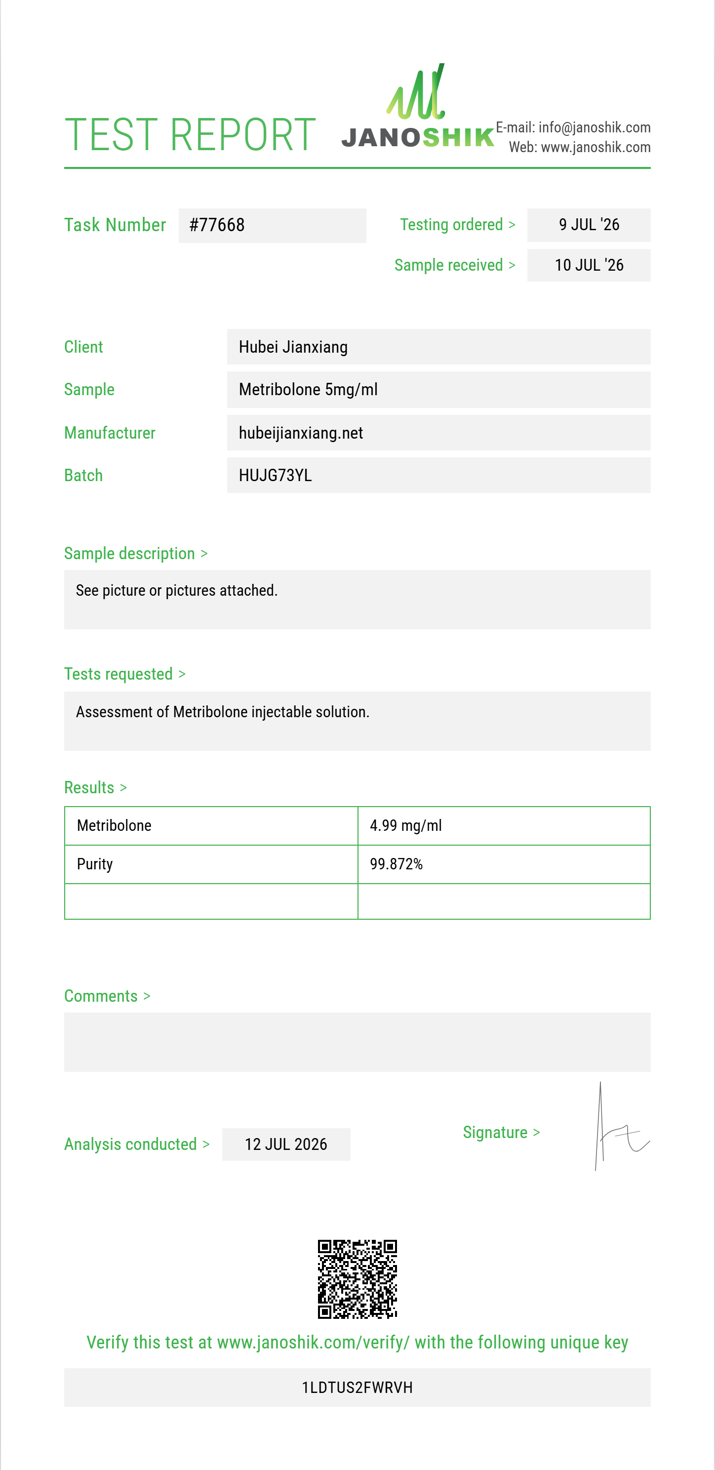 Metribolone Purity (HPLC) report by Janoshik Analytical