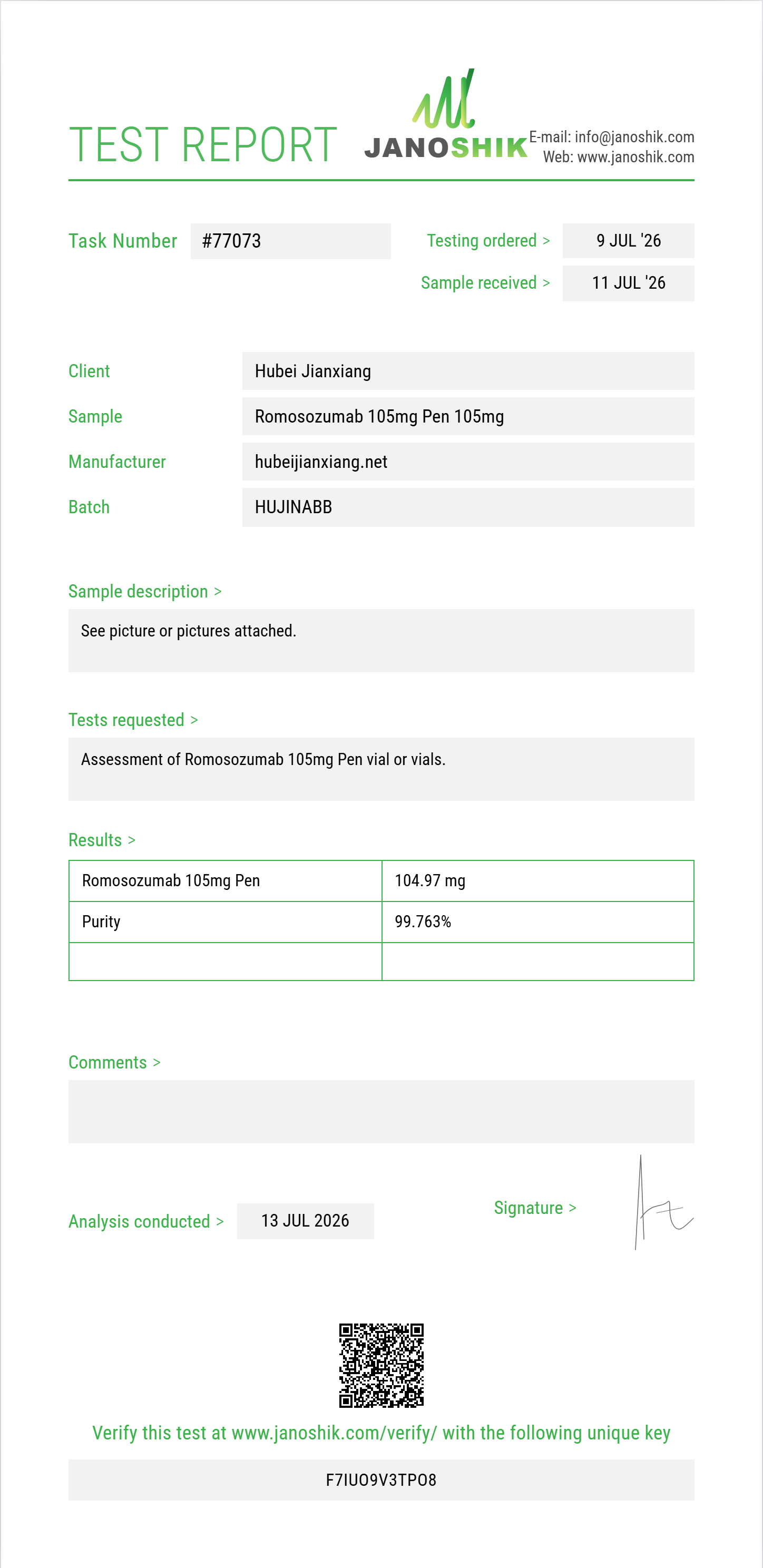 Romosozumab Purity (HPLC) report by Janoshik Analytical