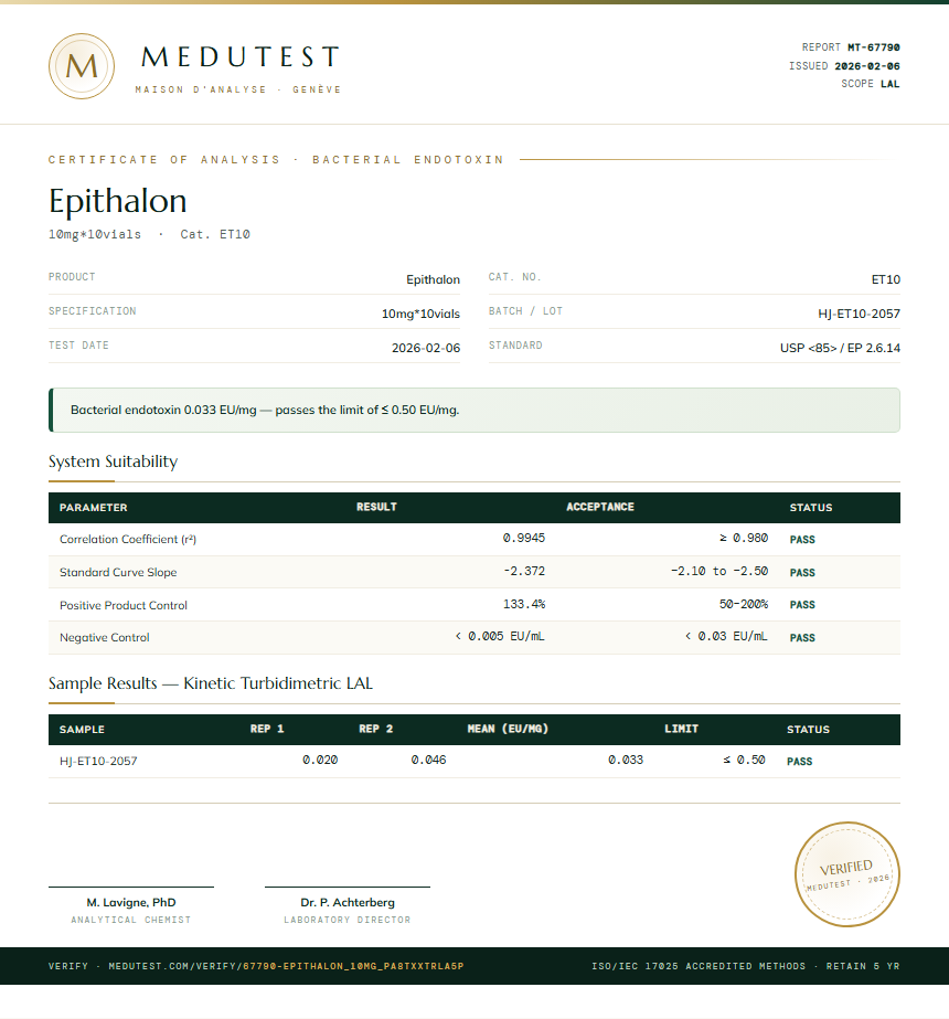Epithalon Endotoxin report by Medutest