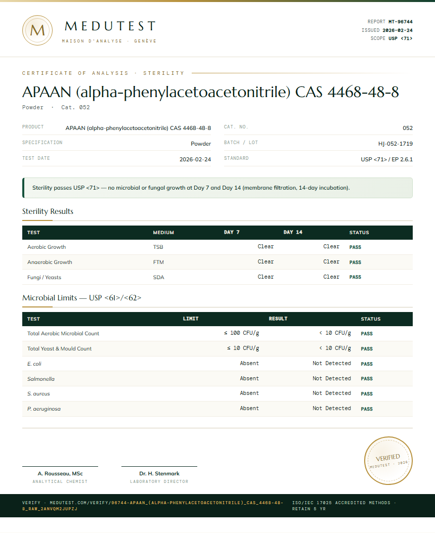 APAAN (alpha-phenylacetoacetonitrile) CAS 4468-48-8 Sterility report by Medutest